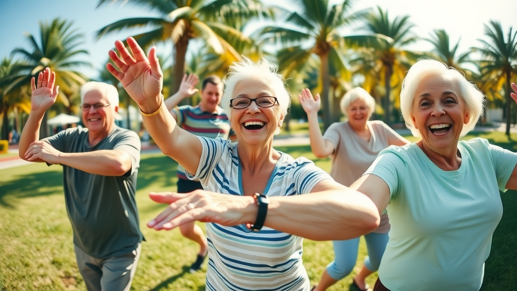 Happy senior citizens engaged in outdoor exercises in Florida.