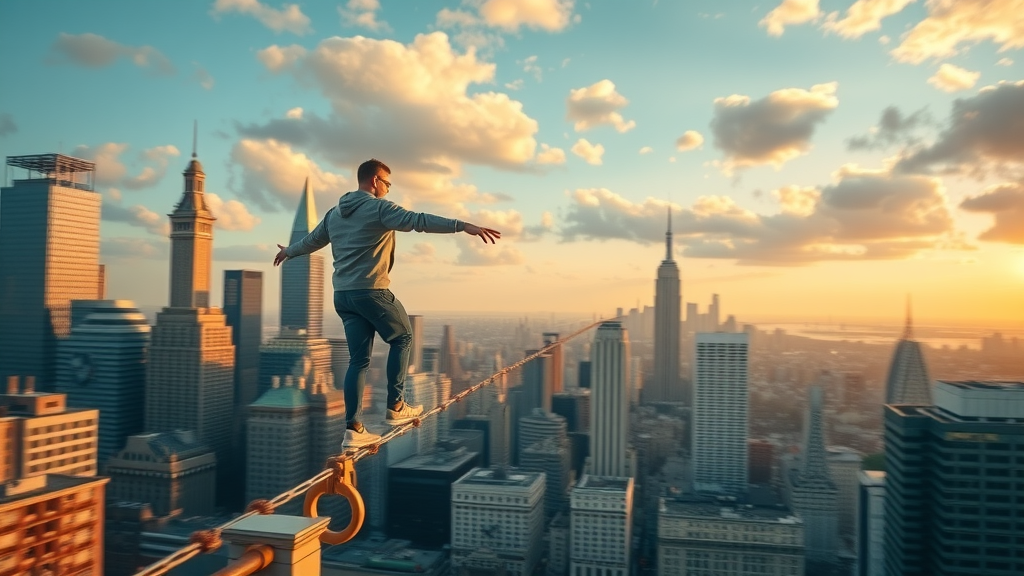 dynamic cityscape, peaceful ambiance, balancing on tightrope, Photorealistic High Fidelity Lifelike, urban setting with city landmarks