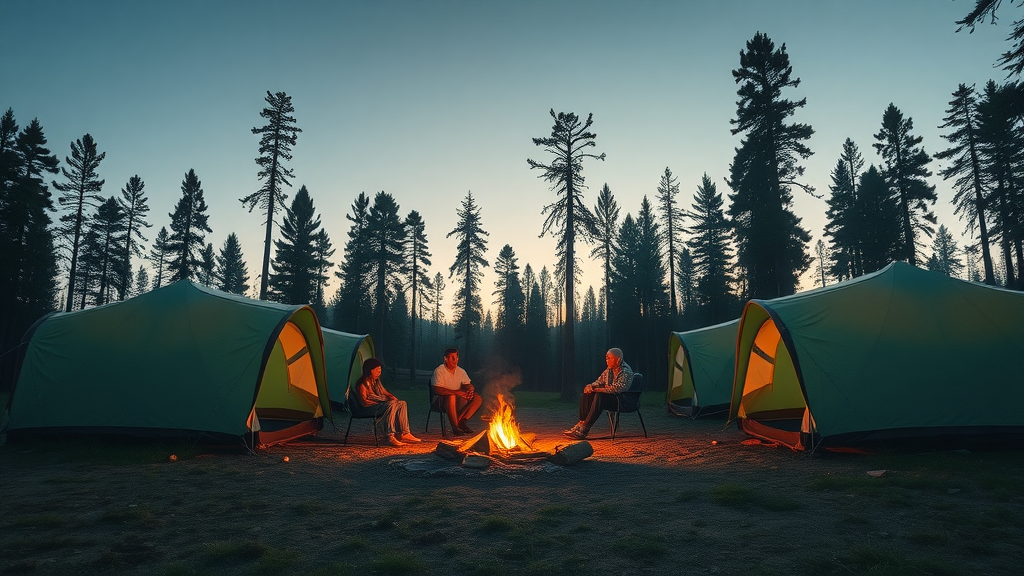 tent campsites, evening scene, campers around campfire