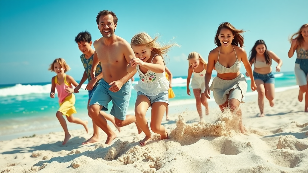 Florida beach scene capturing families, kids playing, ocean waves and bright sky