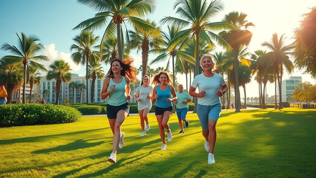 Sunny Florida park with people enjoying morning exercise.