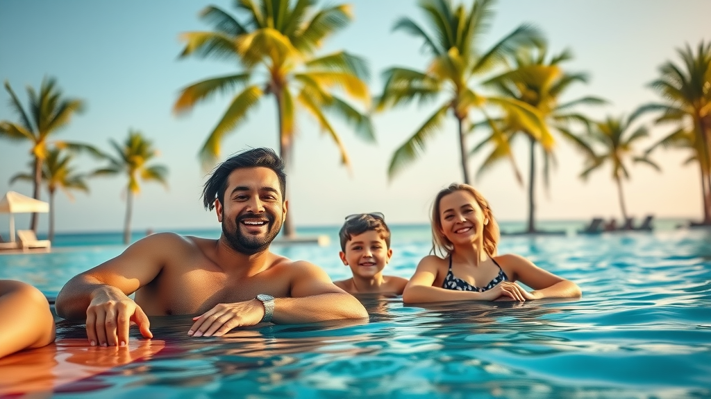 Families relaxing by the poolside in a serene Florida resort surrounded by palm trees