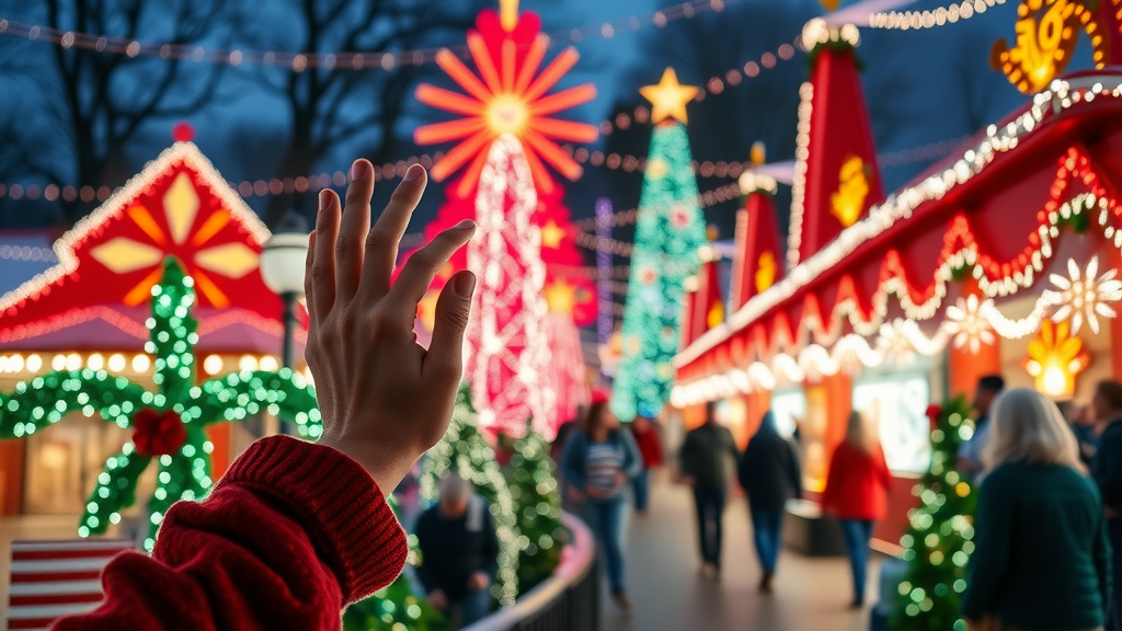vibrant theme park with Christmas decorations, joyful, celebrating