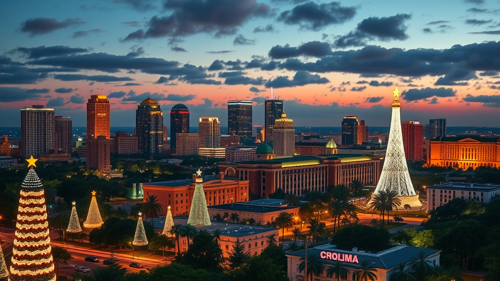 majestic Florida cityscape during Christmas, celebrating, illuminated