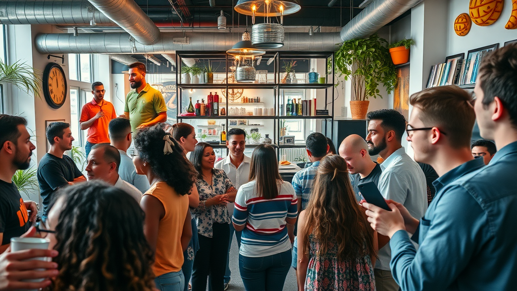vibrant coworking space in Miami, dynamic energy, diverse crowd engaged in discussions, high fantasy, urban and culturally rich environment visible, highly detailed, vibrant and energetic ambiance, bold colors, daylight, shot with a drone camera.