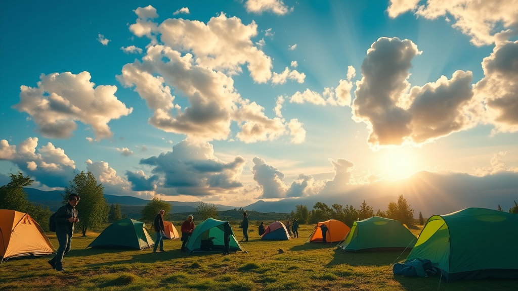 lush campsite, mix of sun and clouds, people setting up tents