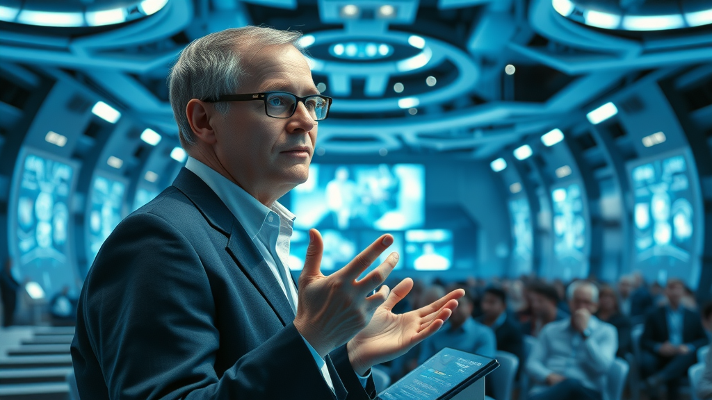 visionary leader, inspiring change, addressing audience, Futuristic Sci-Fi, conference hall with futuristic architecture