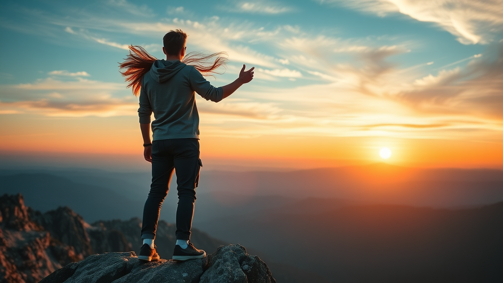 aspiring professional, reaching goals, standing on mountain peak, High Fantasy, sweeping landscape with the sun setting behind