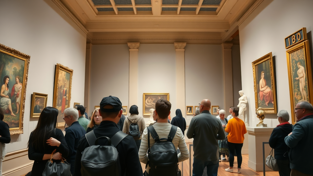 visitors captivated by exhibits in a metropolitan art museum interior
