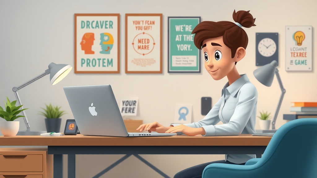 dedicated work desk, organized setting, professional efficiently working on a laptop, 2D Cartoon, background adorned with motivational posters and minimalistic accessories, highly detailed, serene and focused atmosphere, soft colors, ambient lighting, shot with a macro lens.