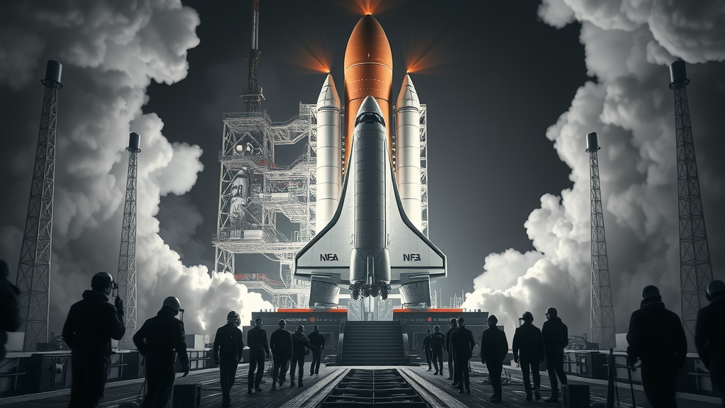 futuristic space shuttle launch scene at Kennedy Space Center
