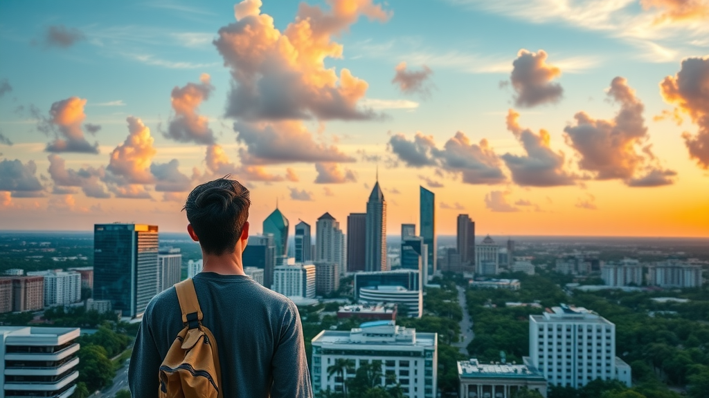 majestic Orlando skyline with a solo traveler exploring during sunset