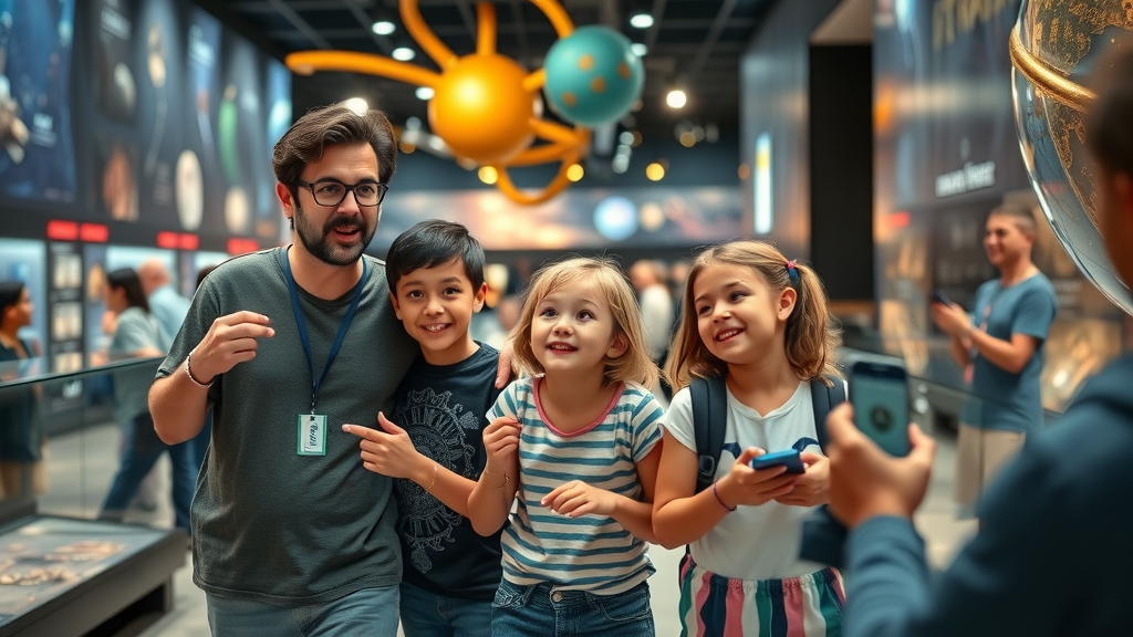 An energetic family exploring a museum with interactive displays and space artifacts