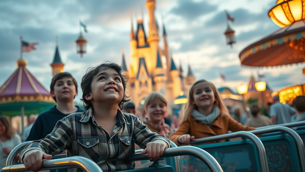 Families enjoying rides at a magical theme park, castle in background