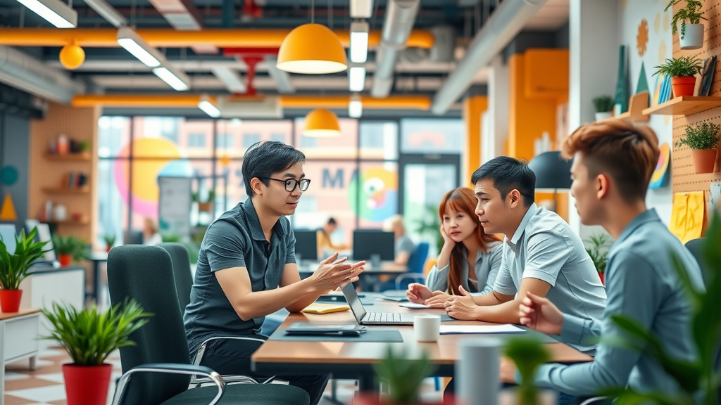creative coworking space, innovative environment, individuals brainstorming ideas, anime, colorful and dynamic interiors with creativity-enhancing elements, highly detailed, collaborative energy, bright colors, studio lighting, shot with a tilt-shift lens.