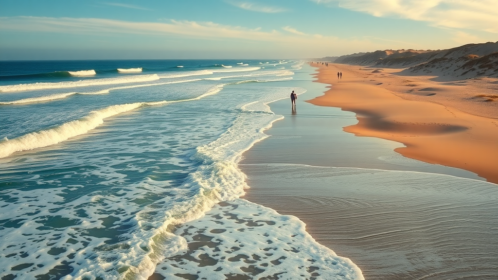 pristine beach, waves crashing, families enjoying