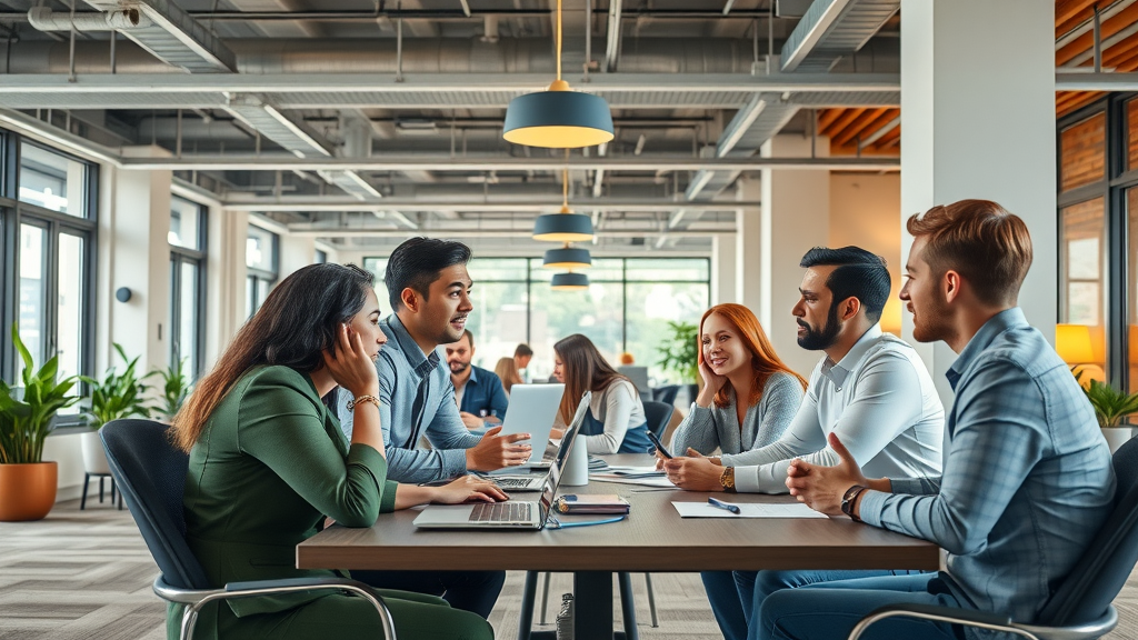 modern coworking space, conducive environment, diverse professionals collaborating, photorealistic high fidelity lifelike, open and well-lit interior with stylish decor, highly detailed, dynamic work interactions, vibrant colors, natural lighting, shot with a wide-angle lens.