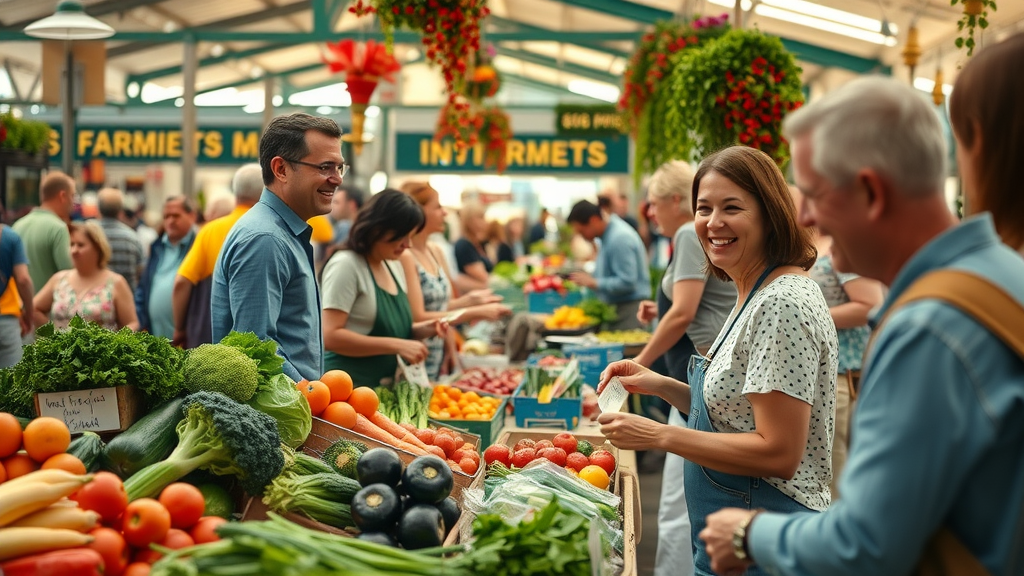 bustling Florida farmers market with cheerful patrons sampling fresh produce