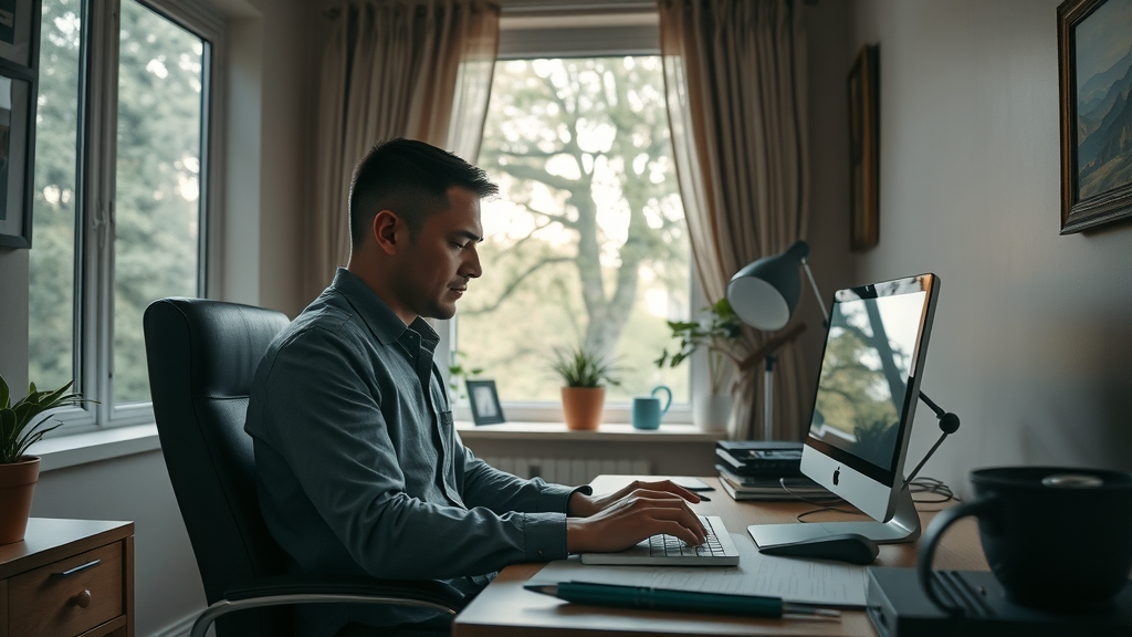 cozy private office, professional atmosphere, individual immersed in focused work, cinematic, serene with natural surroundings visible through the window, highly detailed, calm and productive setup, neutral colors, warm ambient lighting, shot with a 50mm lens.