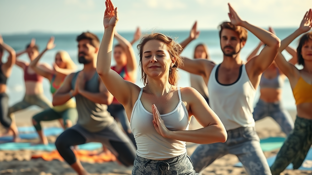Diverse group of people practicing yoga outdoors in Florida.