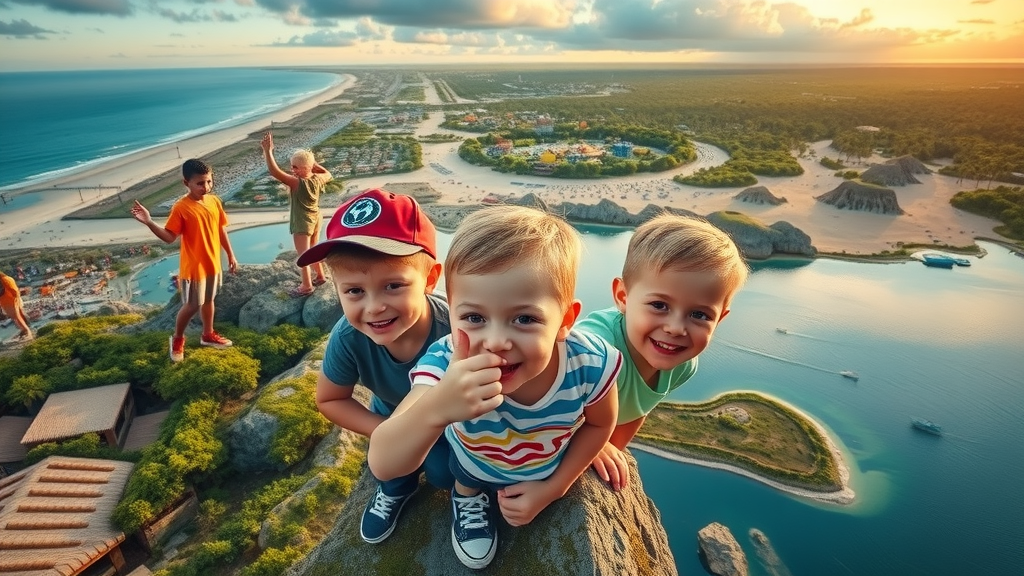 Diverse Florida landscapes with kids exploring beaches and theme parks at sunset