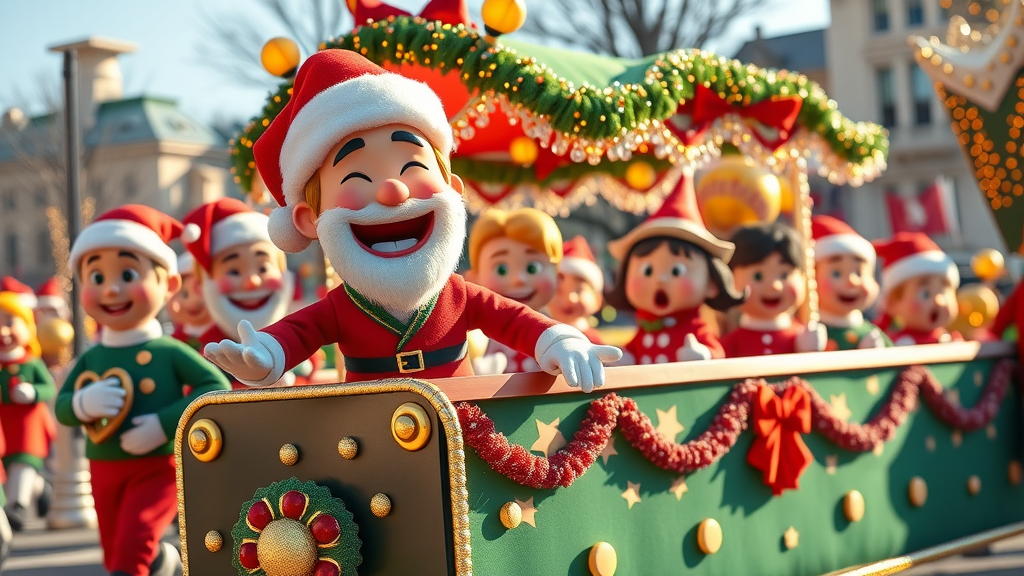 colorful Christmas parade, joyous, marching