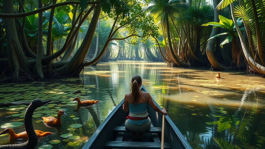 tropical wetlands, wildlife, exploring by canoe