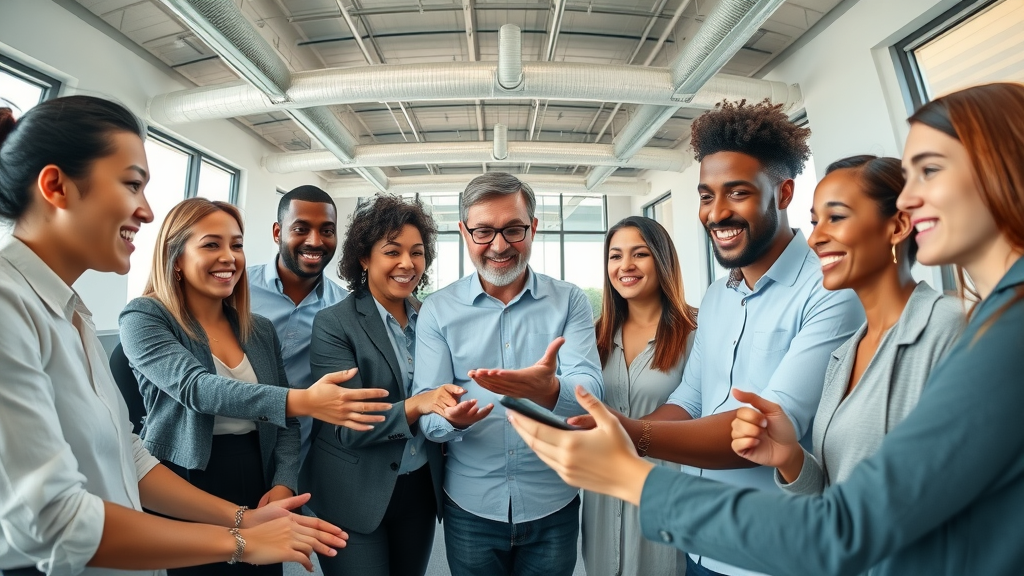 diverse team of professionals, collaborating in office, brainstorming ideas, Photorealistic High Fidelity Lifelike, modern workspace with digital screens