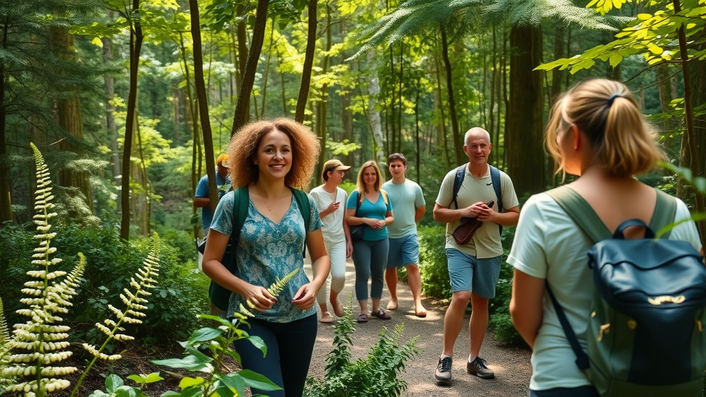 visitors exploring a lush nature center trail surrounded by diverse flora and fauna