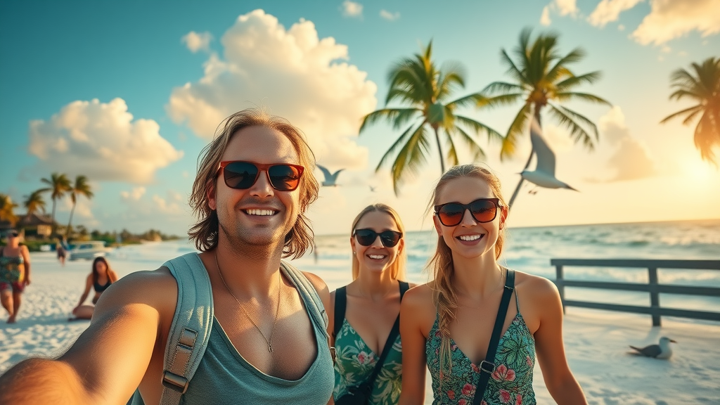 serene Florida landscape with friends exploring the coastal beaches during golden hour