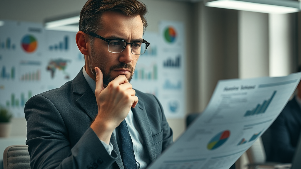 contemplative professional, analyzing data, reviewing statistics, Cinematic, office environment with charts and graphs