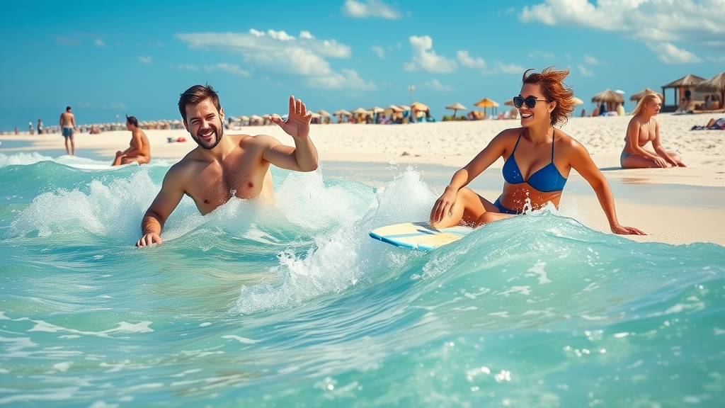 relaxed beach scene at Cocoa Beach with people enjoying the water and the sun