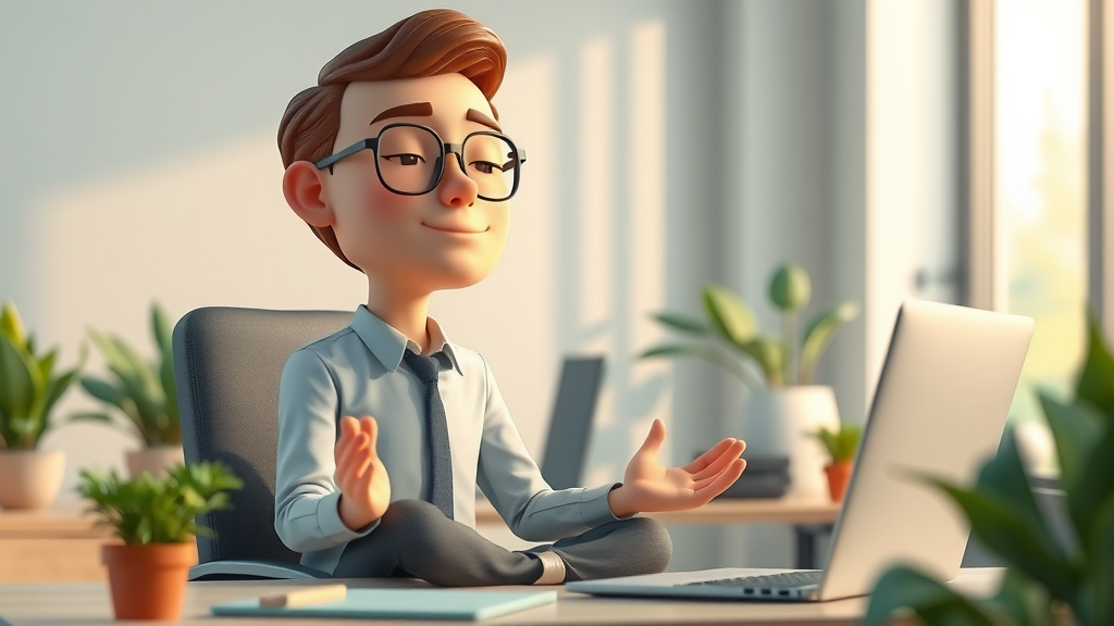 relaxed professional, meditating at desk, practicing mindfulness, 3D Cartoon, modern office with plants and soft light