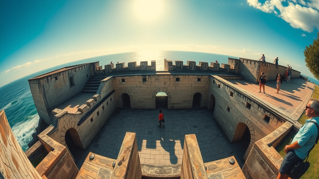 historical fort, surrounding ocean, visitors exploring