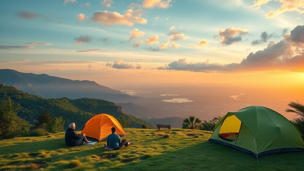 breathtaking landscape, camping tents, people relaxing
