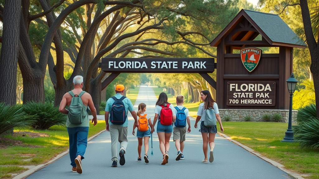 family arriving at a scenic Florida state park entrance, walking with snorkels and backpacks, tree-lined road, wooden park sign, excitement and anticipation, natural park environment
