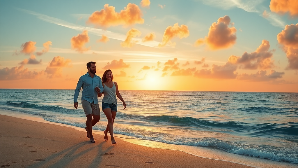 idyllic island resort, couple strolling on a sandy beach enjoying sunset, ocean backdrop