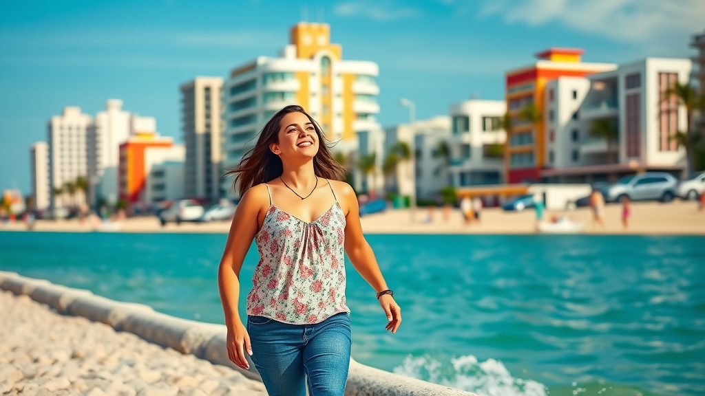 Vibrant Miami Beach with a couple walking and enjoying the scenery, iconic art deco architecture in the background.