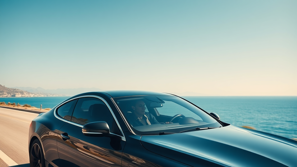 Car with freshly tinted windows along a coastal road