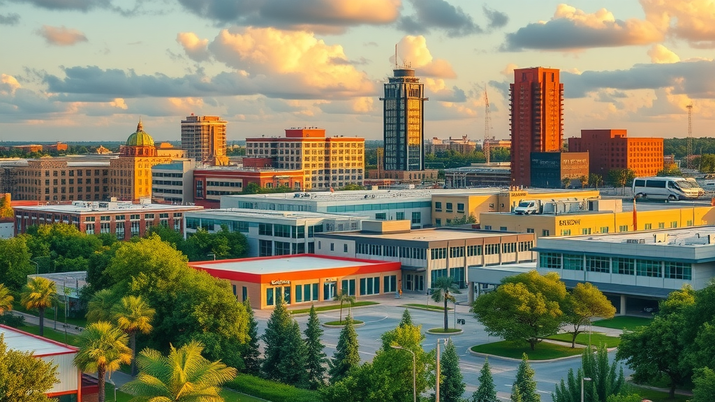 Urban landscape of Brandon, FL, illustrating community, Photorealistic High Fidelity Lifelike, scenic background with modern buildings and greenery