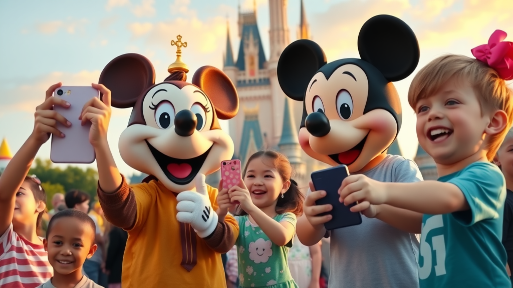 children excited at Disney World, taking pictures with a character