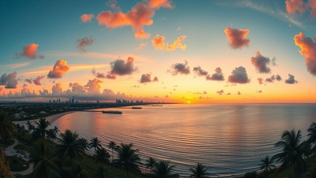 Sunset over Florida's coastline highlighting main attractions