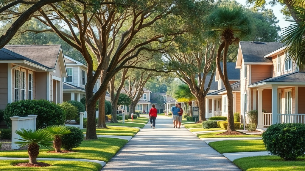 picturesque central Florida suburban neighborhood with calm, well-kept homes and residents chatting on tree-lined street, no visible flood risk