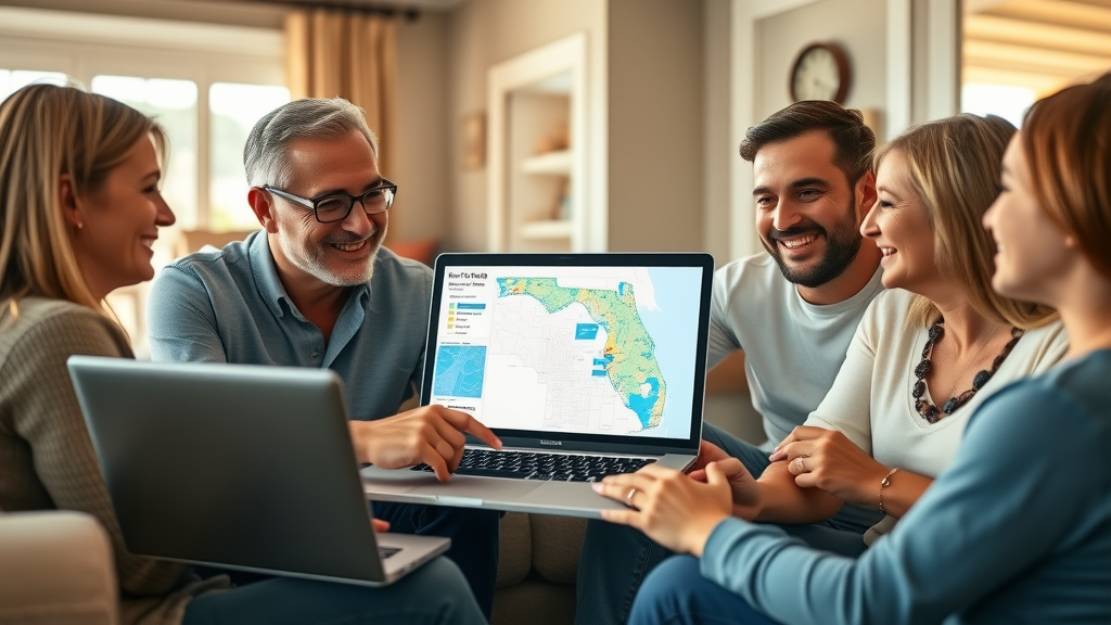 confident Florida real estate agent showing FEMA flood maps on a laptop to a smiling family, warm and friendly home setting