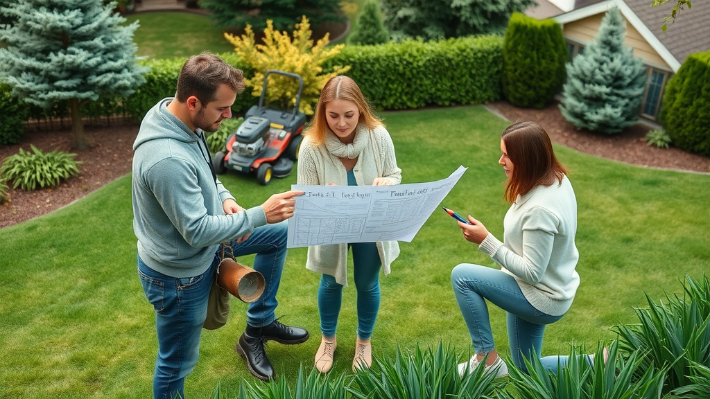 Professional lawn care team consulting homeowners with plan.