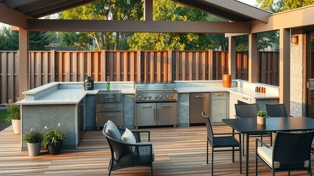 modern outdoor kitchen design, sleek and stylish, comparing traditional and RTA build components, Photorealistic High Fidelity Lifelike, backyard setting with wooden deck and patio furniture, highly detailed, contrasting colors, soft morning lighting, shot with a 35mm lens