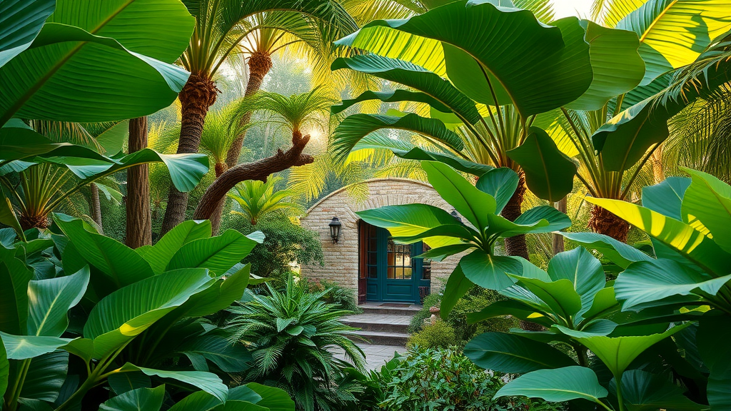 Lush tropical garden in Florida with vibrant foliage and natural sunlight, serene atmosphere.
