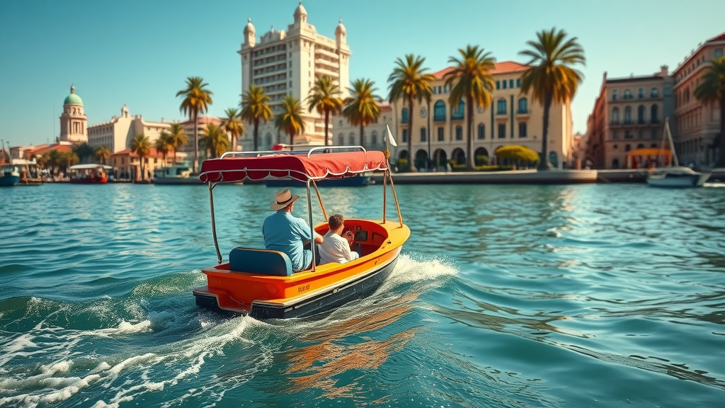 small vibrant water taxi cruising along a canal