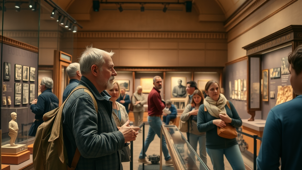 Historical museum exhibit with visitors observing artifacts