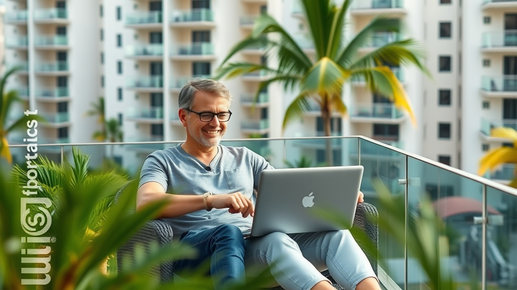 Modern Florida apartment complex with fiber internet options and residents enjoying balcony